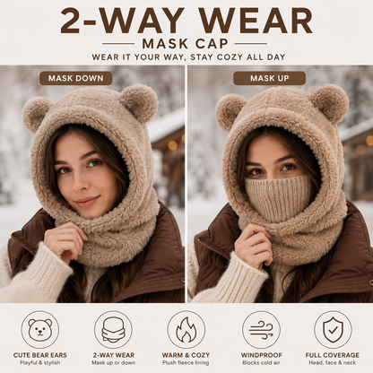 Plush Bear Ear Winter Hood – Warm Windproof Balaclava