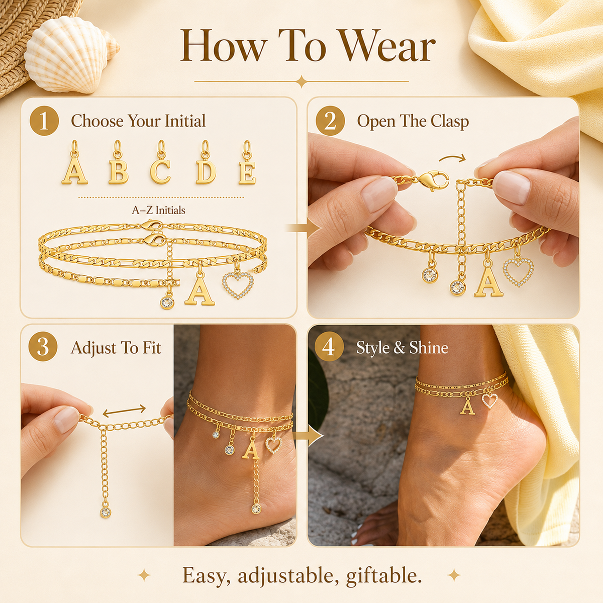 🎁 14k-Gold Plated-Double-Layer 26-Letter-Tone Chain Heart-Shaped Anklet with a heart-shaped pendant