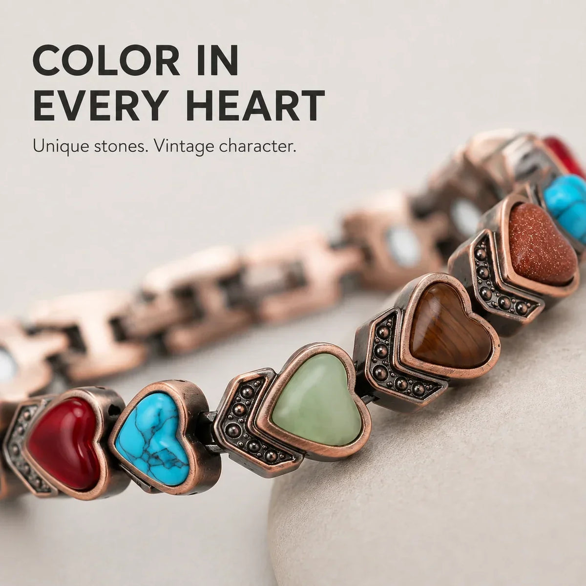 Vintage Copper Heart Gemstone Bracelet