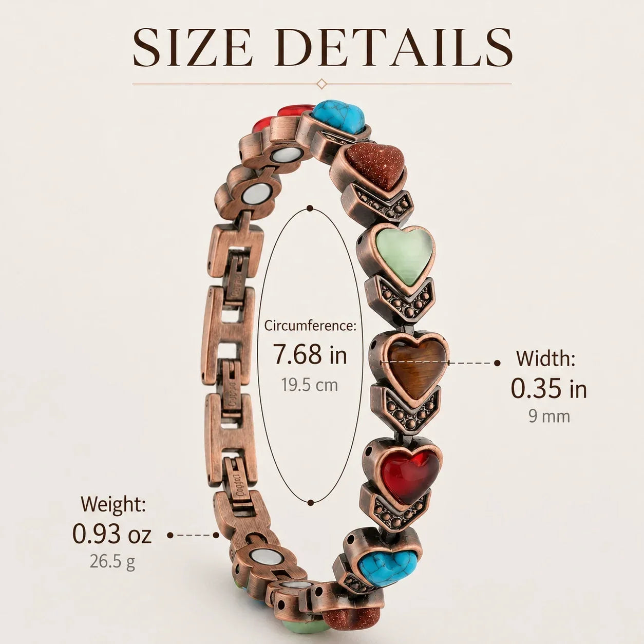 Vintage Copper Heart Gemstone Bracelet