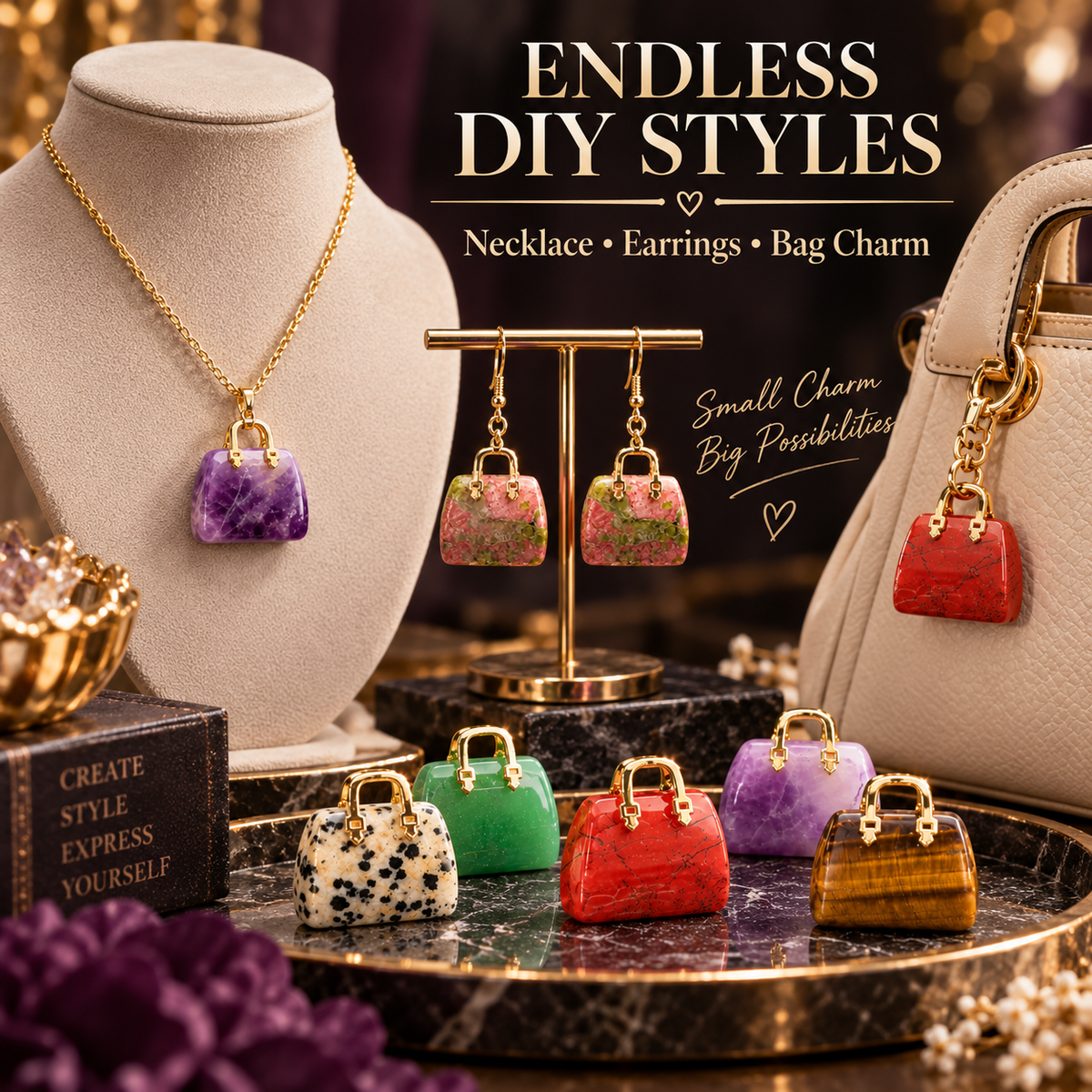 Mini Natural Crystal Handbag Charms – DIY Jewelry Pendants
