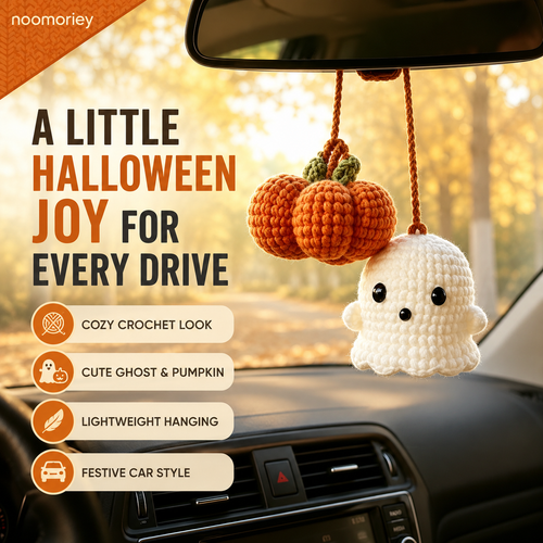 Handmade Crochet Ghost & Pumpkin Rear View Mirror Hanging Car Charm