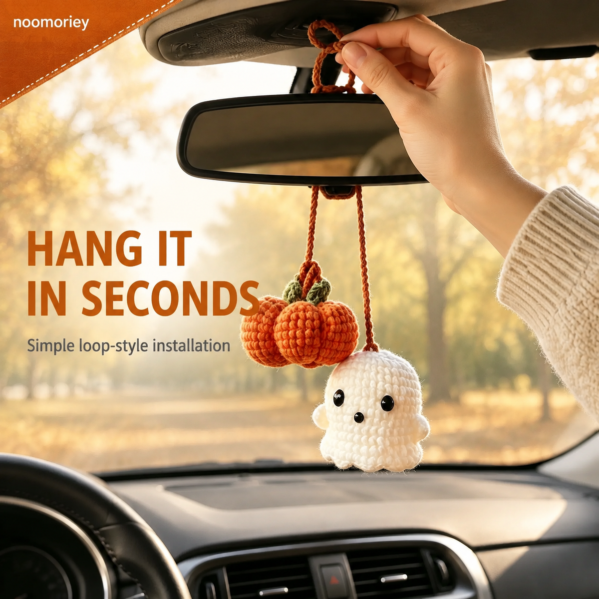 Handmade Crochet Ghost & Pumpkin Rear View Mirror Hanging Car Charm