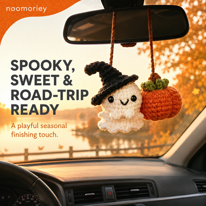 Handmade Crochet Ghost & Pumpkin Rear View Mirror Hanging Car Charm