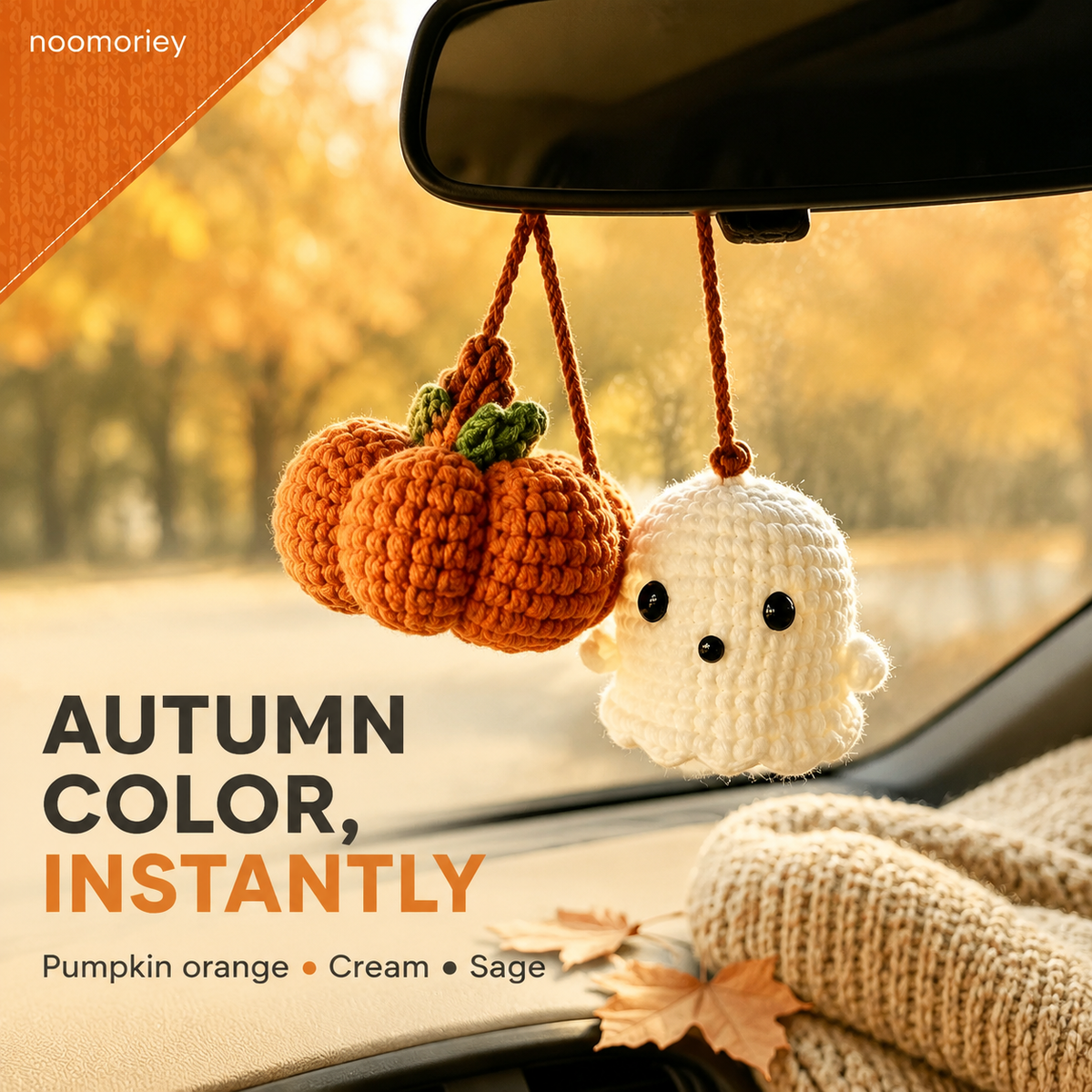 Handmade Crochet Ghost & Pumpkin Rear View Mirror Hanging Car Charm