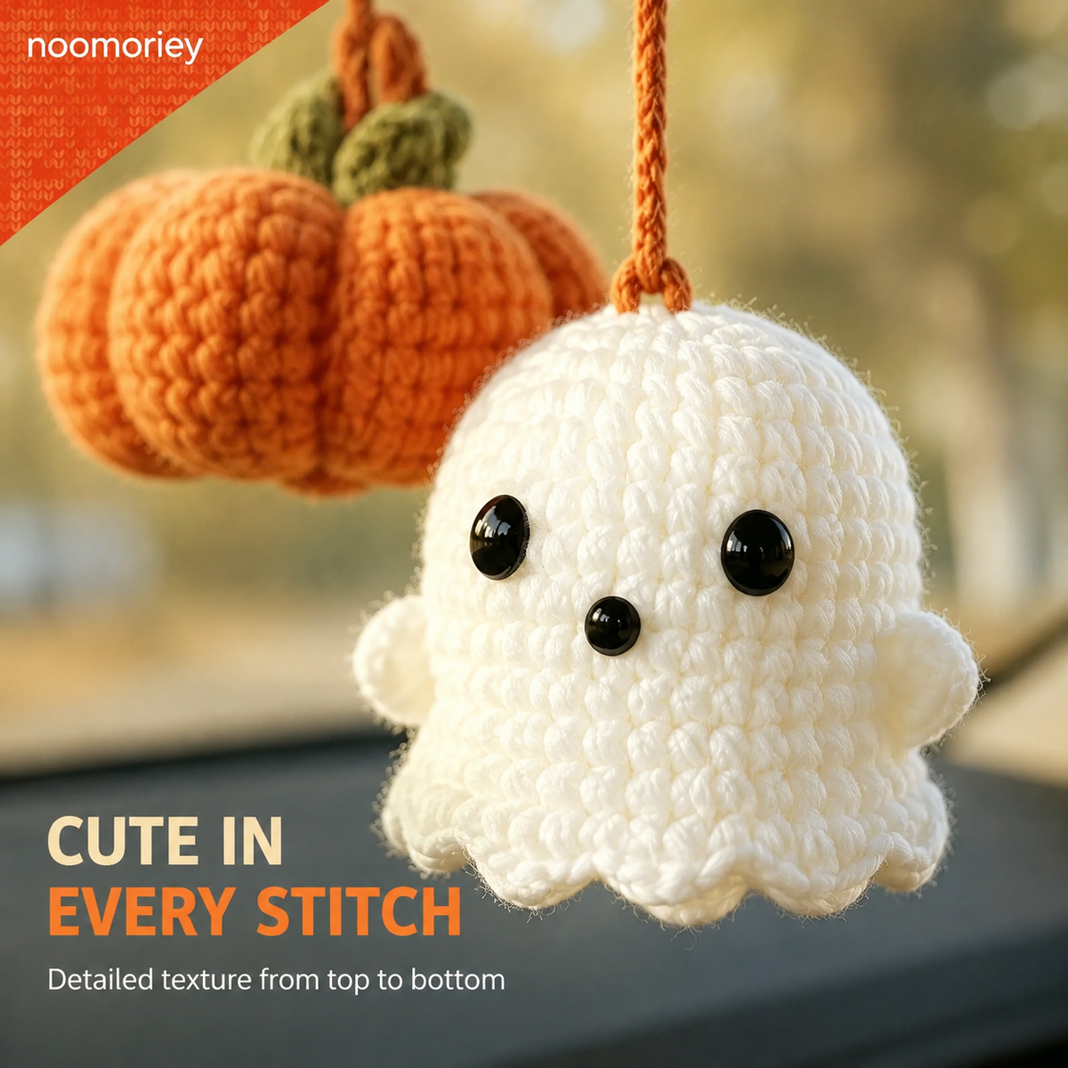 Handmade Crochet Ghost & Pumpkin Rear View Mirror Hanging Car Charm