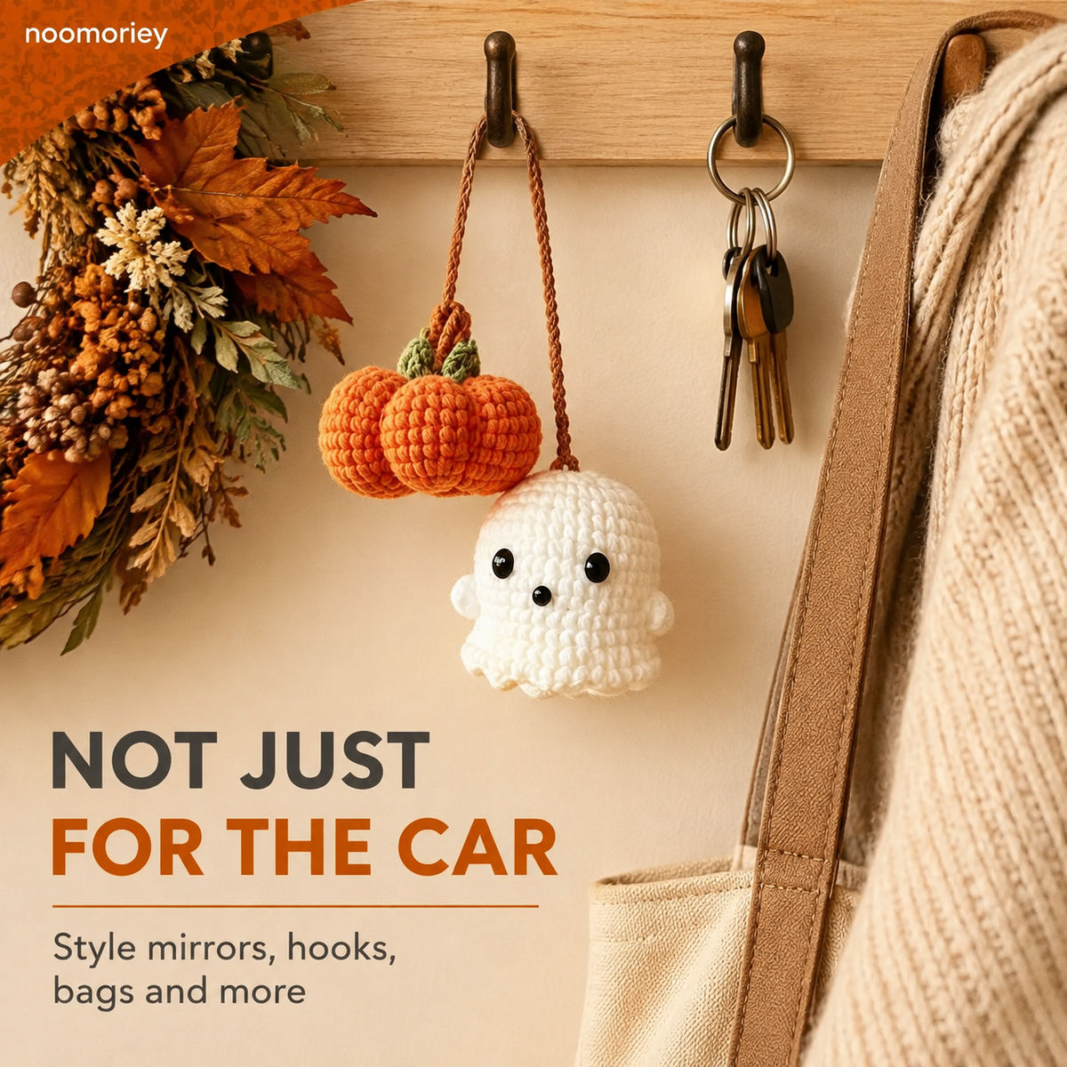 Handmade Crochet Ghost & Pumpkin Rear View Mirror Hanging Car Charm