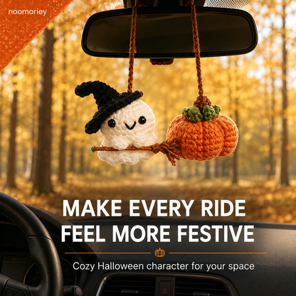 Handmade Crochet Ghost & Pumpkin Rear View Mirror Hanging Car Charm