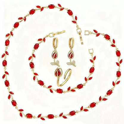🎄 Christmas Gift Pick 🌷 Crystal-Embellished Leaf & Tulip Jewelry Set – Elegant Floral Design ✨