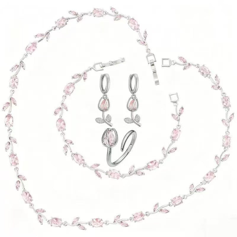 🎄 Christmas Gift Pick 🌷 Crystal-Embellished Leaf & Tulip Jewelry Set – Elegant Floral Design ✨
