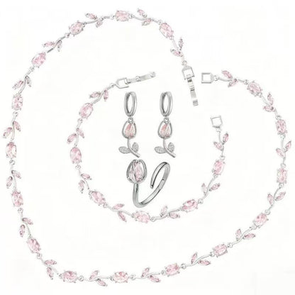 🎄 Christmas Gift Pick 🌷 Crystal-Embellished Leaf & Tulip Jewelry Set – Elegant Floral Design ✨