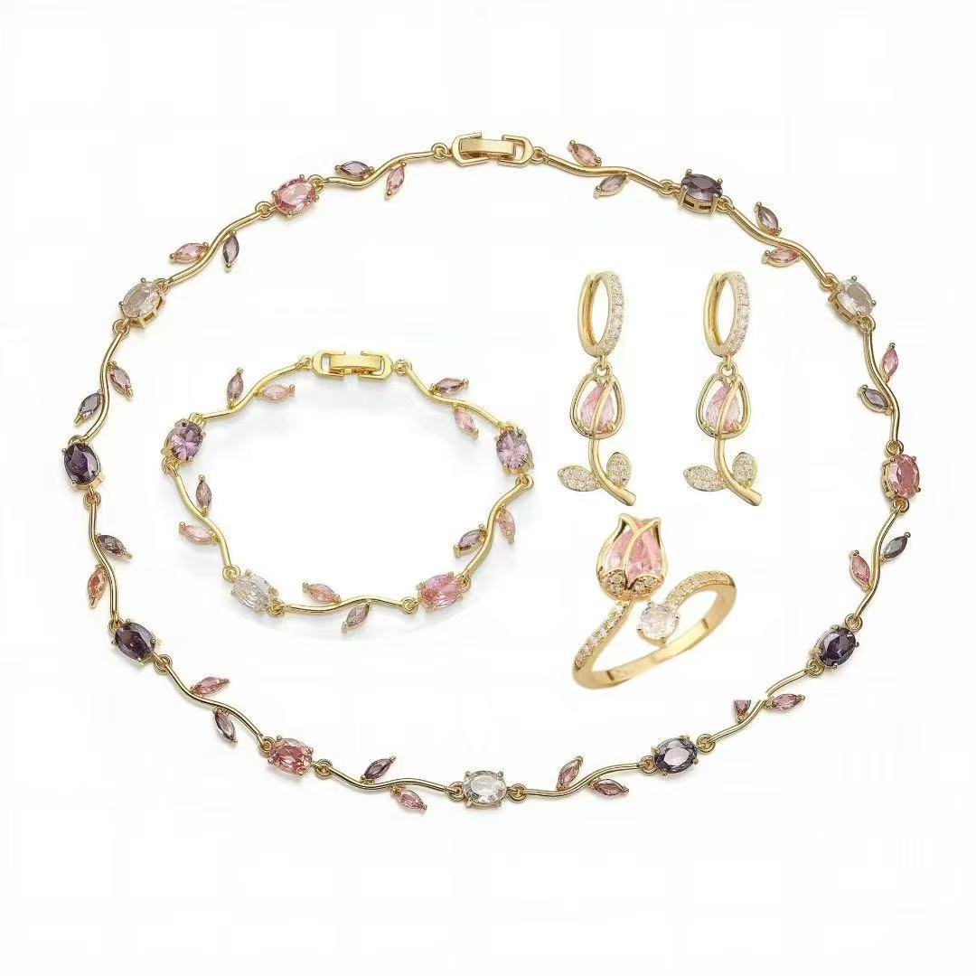 🎄 Christmas Gift Pick 🌷 Crystal-Embellished Leaf & Tulip Jewelry Set – Elegant Floral Design ✨