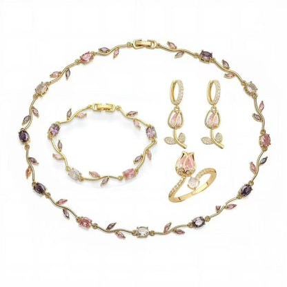 🎄 Christmas Gift Pick 🌷 Crystal-Embellished Leaf & Tulip Jewelry Set – Elegant Floral Design ✨