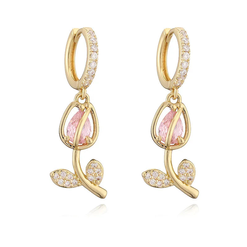 🎄 Christmas Gift Pick 🌷 Crystal-Embellished Leaf & Tulip Jewelry Set – Elegant Floral Design ✨