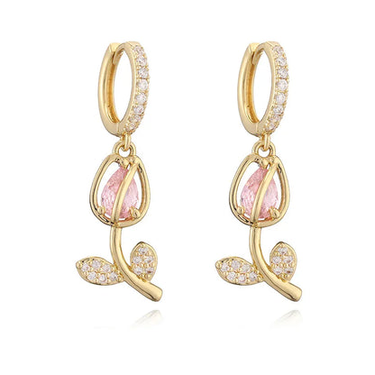 🎄 Christmas Gift Pick 🌷 Crystal-Embellished Leaf & Tulip Jewelry Set – Elegant Floral Design ✨