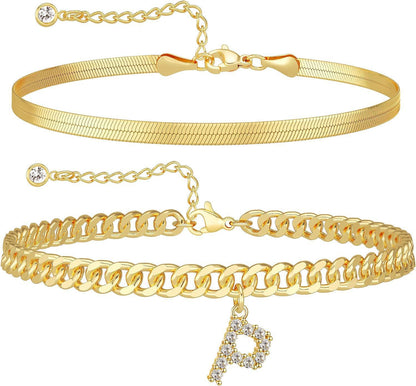 Women 14K Gold Plated Ankle Bracelet with Letter Pendant