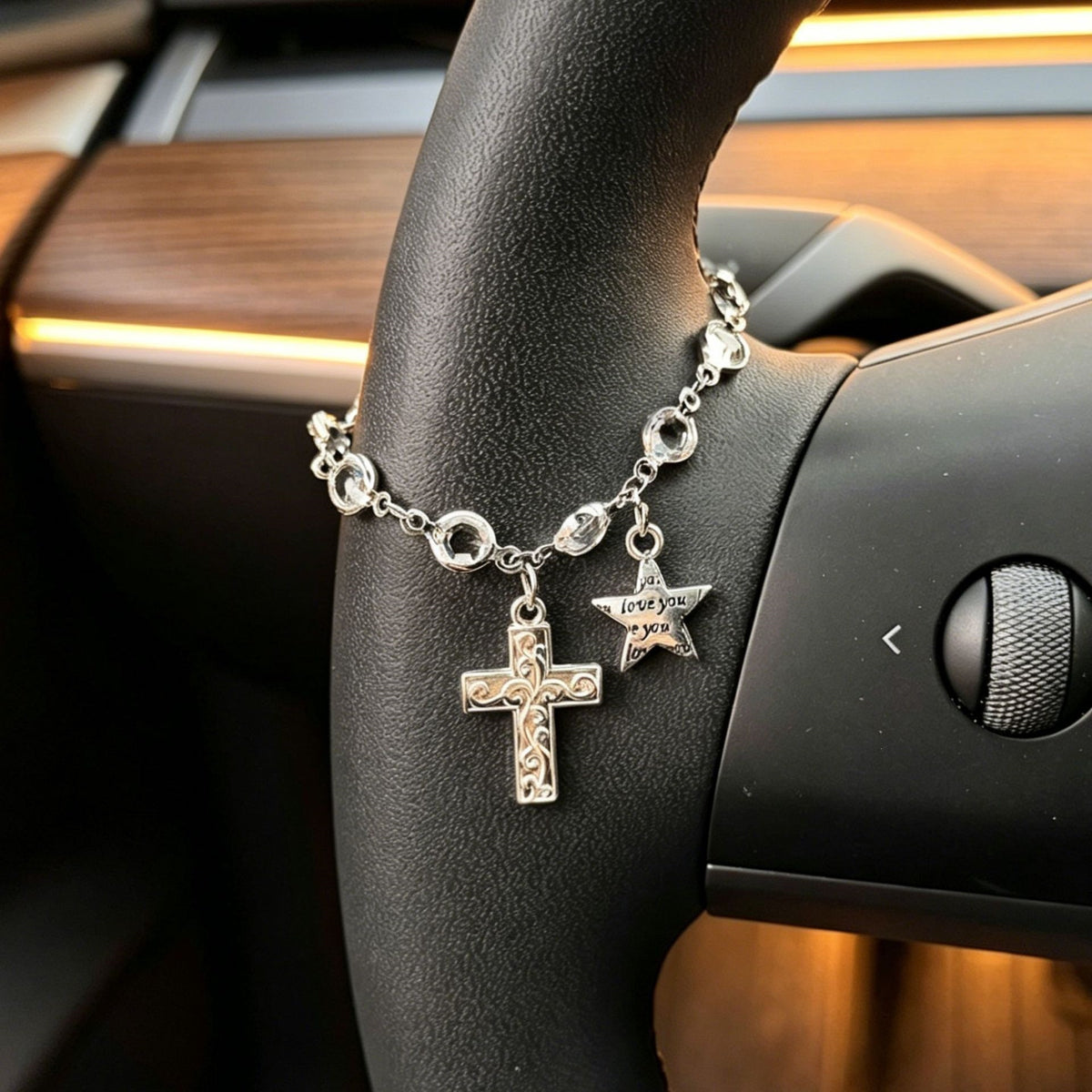 Faith-Inspired Crystal Cross Car Steering Wheel Charm