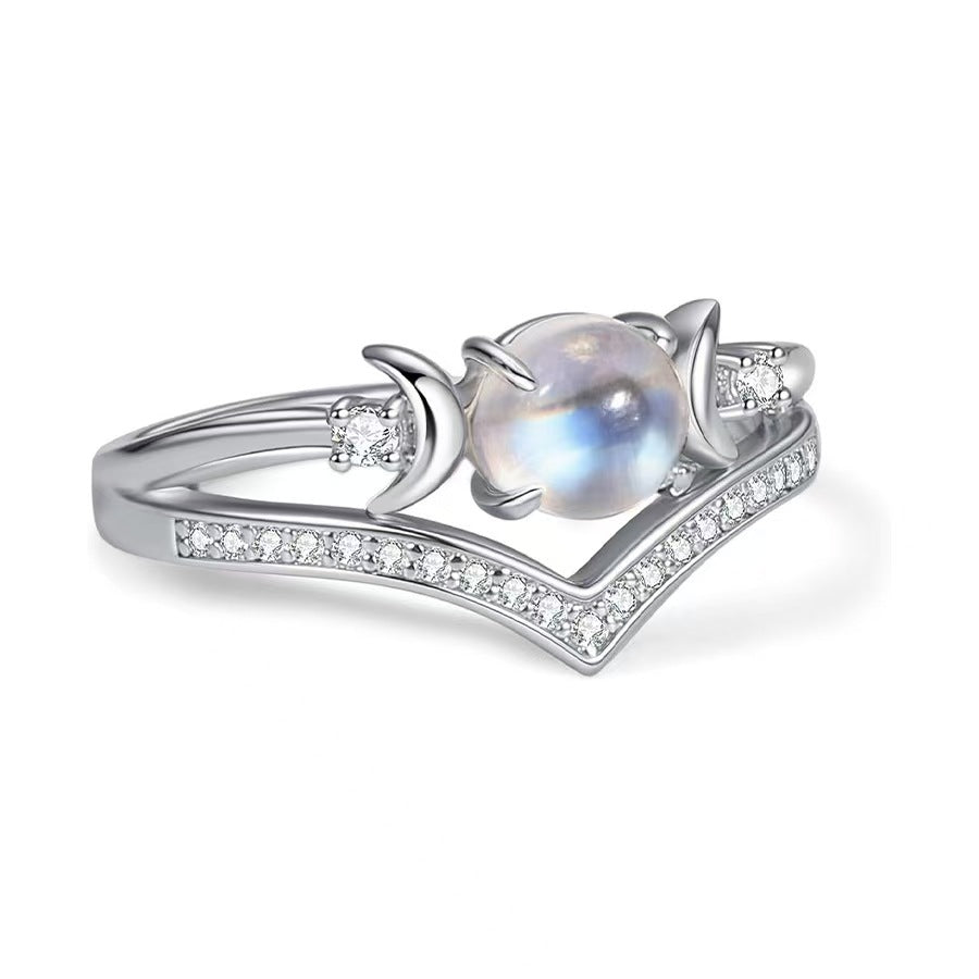 Witchy Triple Moon Moonstone Adjustable Ring Set