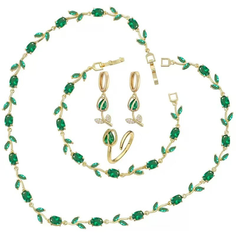 🎄 Christmas Gift Pick 🌷 Crystal-Embellished Leaf & Tulip Jewelry Set – Elegant Floral Design ✨