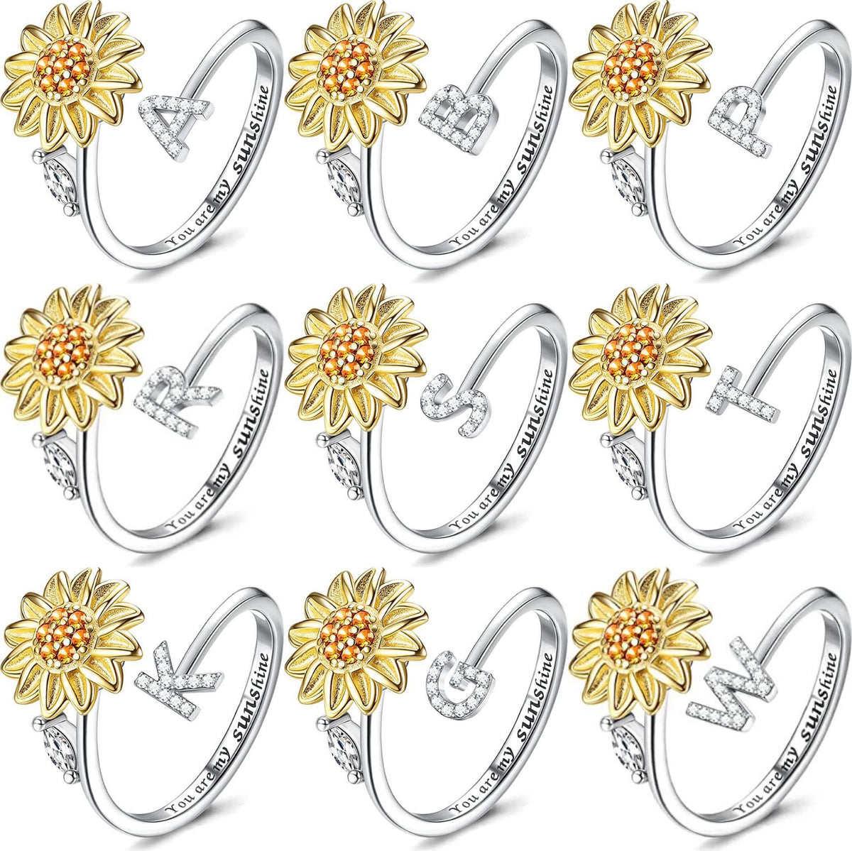 You Are My Sunshine Spinner Ring – Floral Gemstone A-Z Initial Ring