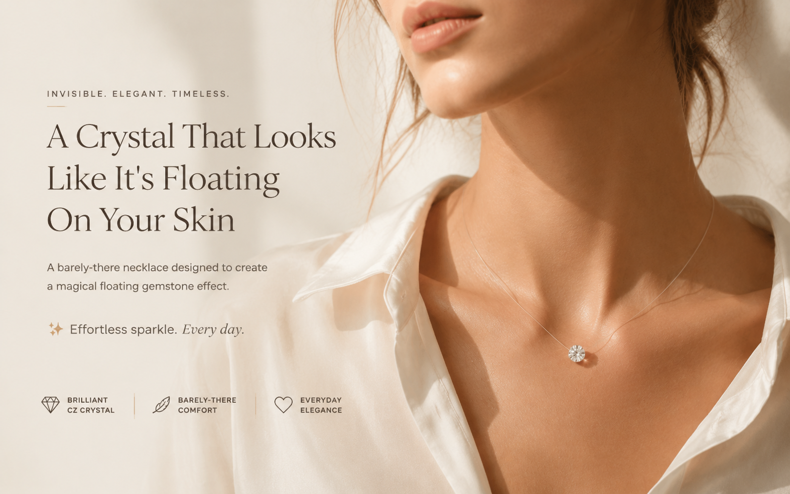 Close product details of the floating crystal necklace