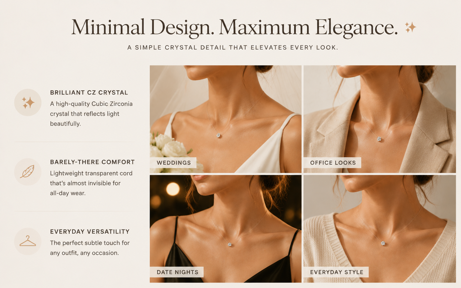 Floating crystal necklace gift and styling details