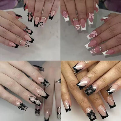 24pcs Press On Nails – 6 Styles French Tip Floral & Chrome