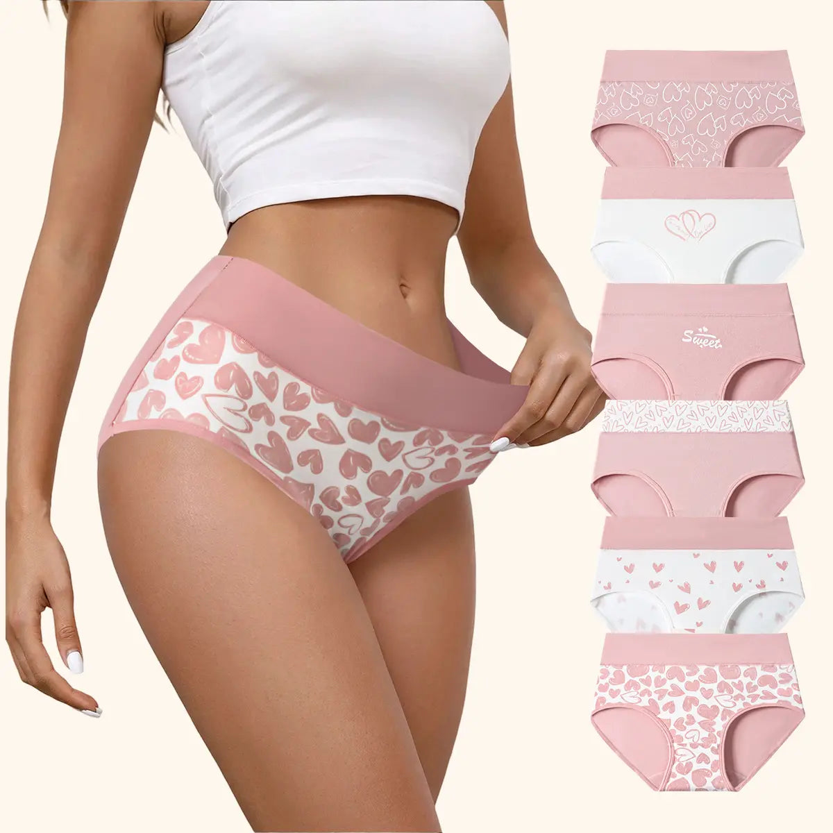 Soft Cotton Heart Print High-Waist Panties (6 Pack)