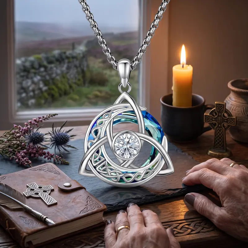 Celtic Birthstone Necklace – Trinity Knot Crescent Moon Pendant for Women