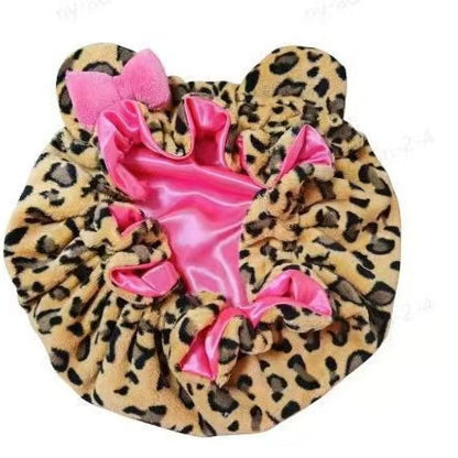 Women’s Plush Leopard Satin Double-Layer Sleeping Bonnet