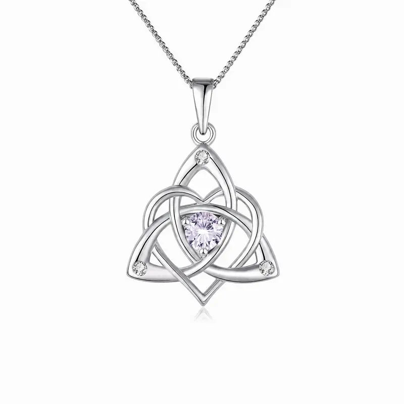Celtic Birthstone Necklace for Women, Silver Plated Copper Triquetra Celtic Knot Heart Pendant with 12 Birthstone Options