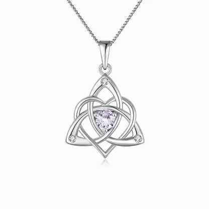 Celtic Birthstone Necklace for Women, Silver Plated Copper Triquetra Celtic Knot Heart Pendant with 12 Birthstone Options