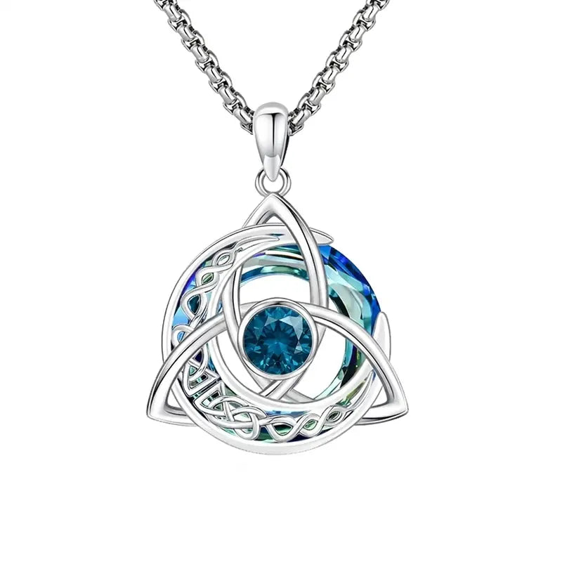 Celtic Birthstone Necklace – Trinity Knot Crescent Moon Pendant for Women