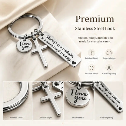 “Maneja Con Cuidado” Drive Safe Keychain with Cross & Love Charm