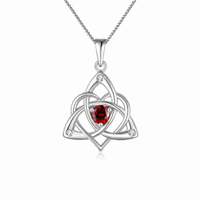 Celtic Birthstone Necklace for Women, Silver Plated Copper Triquetra Celtic Knot Heart Pendant with 12 Birthstone Options