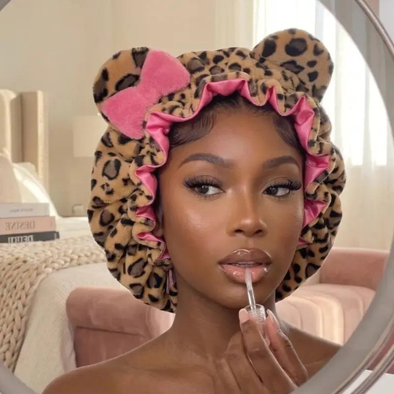 Women’s Plush Leopard Satin Double-Layer Sleeping Bonnet