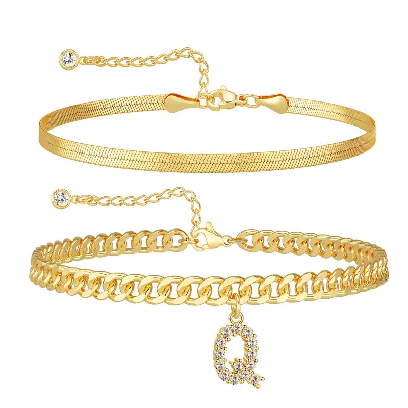 Women 14K Gold Plated Ankle Bracelet with Letter Pendant