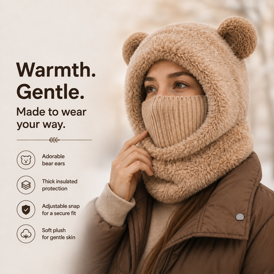 Plush Bear Ear Winter Hood – Warm Windproof Balaclava