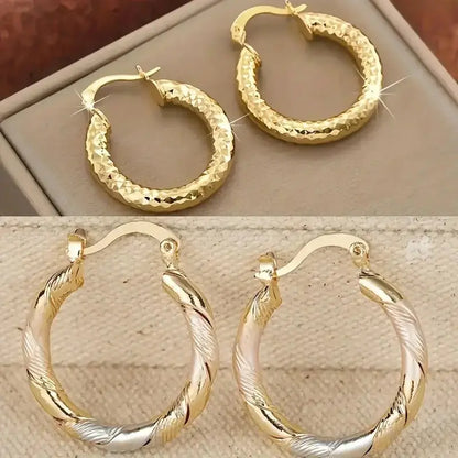 2 Pairs 14K Gold Plated Twisted Round Hoop Earrings