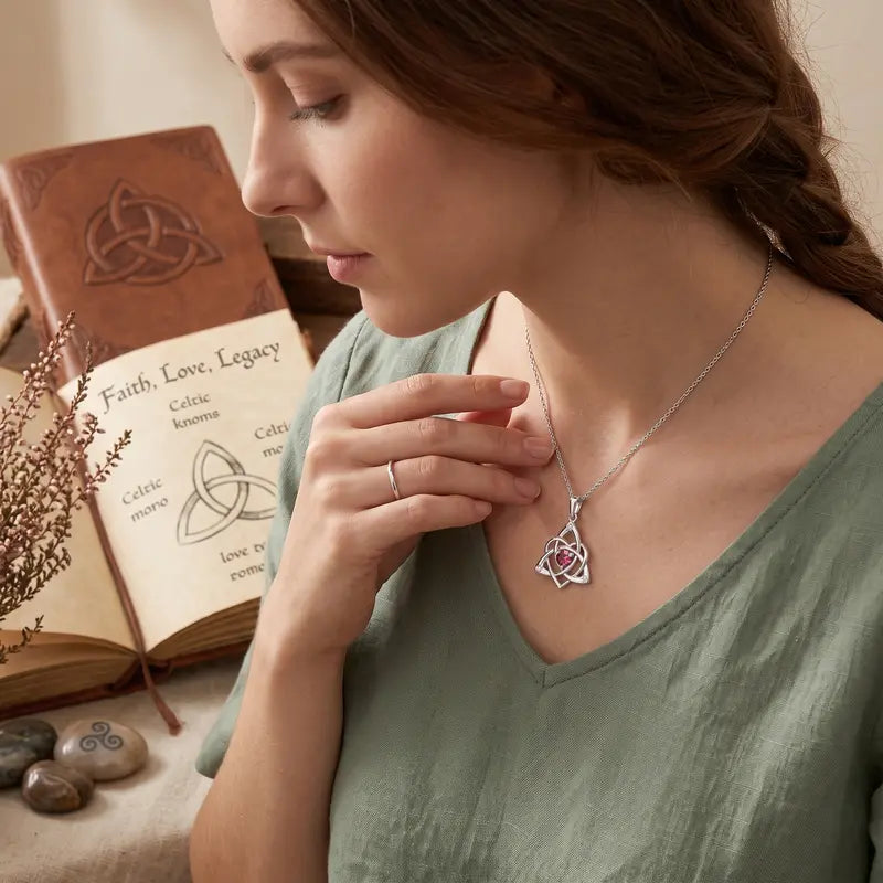 Celtic Birthstone Necklace for Women, Silver Plated Copper Triquetra Celtic Knot Heart Pendant with 12 Birthstone Options