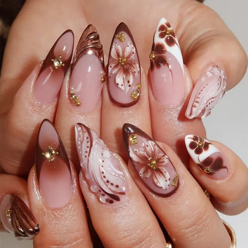 24pcs Press On Nails – 6 Styles French Tip Floral & Chrome