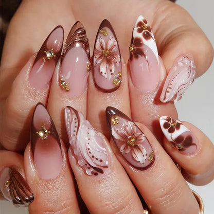 24pcs Press On Nails – 6 Styles French Tip Floral & Chrome