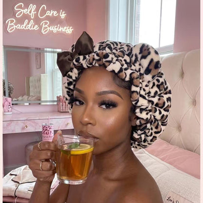 Women’s Plush Leopard Satin Double-Layer Sleeping Bonnet