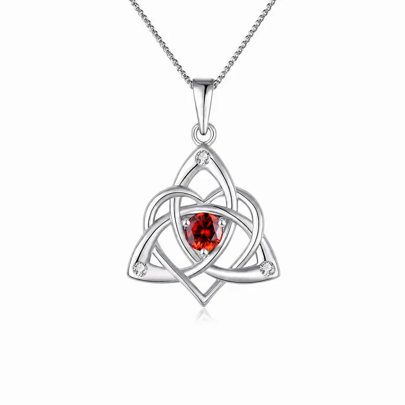 Celtic Birthstone Necklace for Women, Silver Plated Copper Triquetra Celtic Knot Heart Pendant with 12 Birthstone Options
