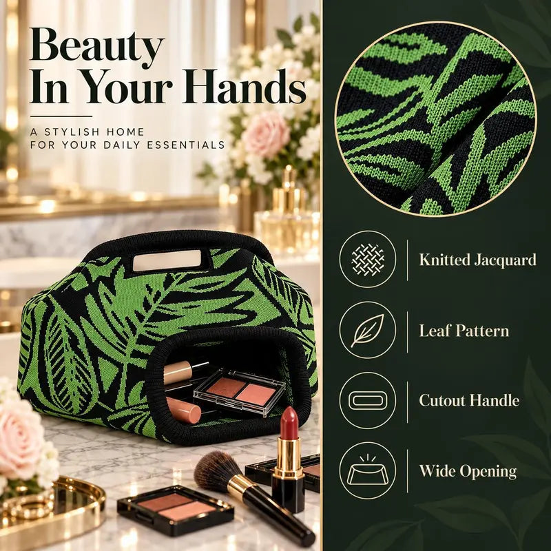 Women’s Green Leaf Knitted Large Capacity Makeup Bag