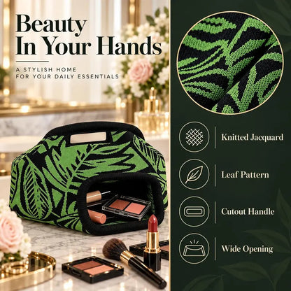 Women’s Green Leaf Knitted Large Capacity Makeup Bag