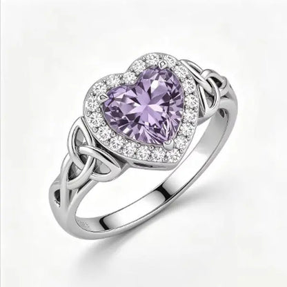 925 Sterling Silver Heartcut Amethyst Gem Encrusted Ring