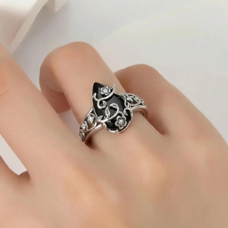 Vintage Black Obsidian Floral Ring