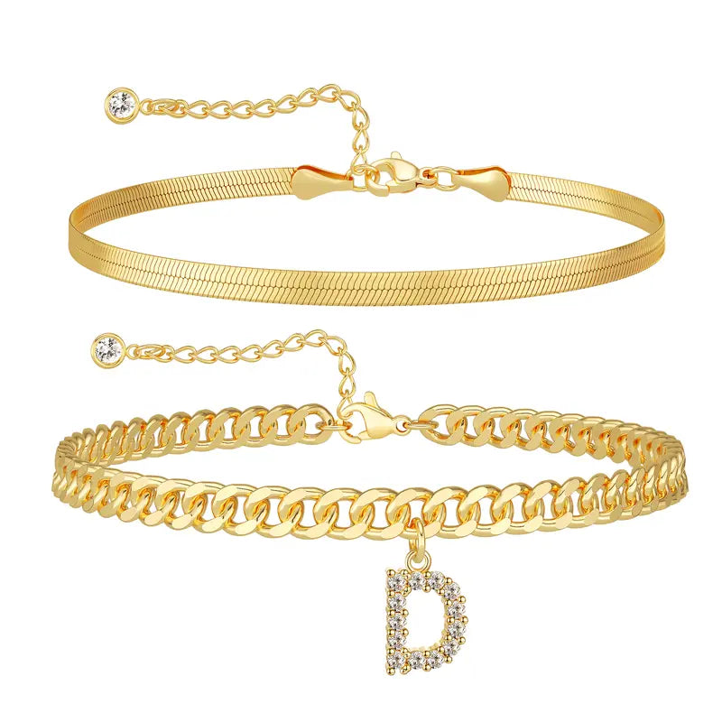 Women 14K Gold Plated Ankle Bracelet with Letter Pendant
