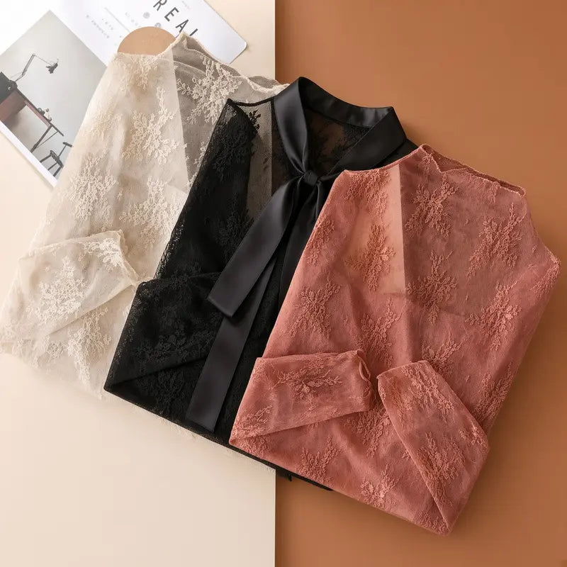 Floral Lace Mesh Long-Sleeve Tight-Fit Innerwear Top